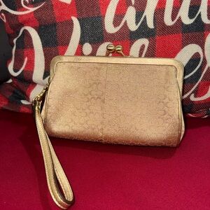 Coach Metallic Kiss Lock Gold Wristlet Clutch